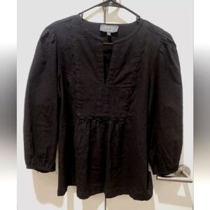 WYSE London Black Linen Cotton Long Sleeve Top Blouse Popover Size 1R 4 Small